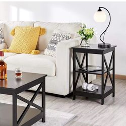 3 Tier Sofa Side End Table with Shelf, X Shape Chair Side Coffee Snack Table for Living Room, Display Unit Organizer, Black