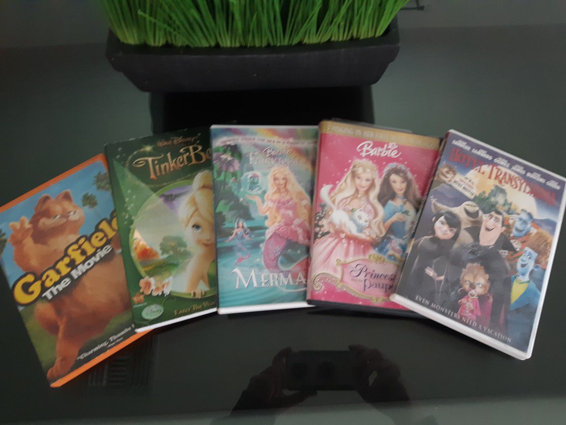Children's DVDs, - Barbie Princess and the Pauper, Barbie Fairytopia mermaidia, Tinkerbell, Garfield, Hotel Transylvania
