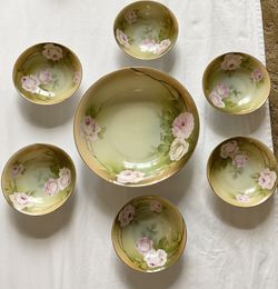 Antique Salad Bowl With 6 Individual Bowls. Porcelain With Gilding