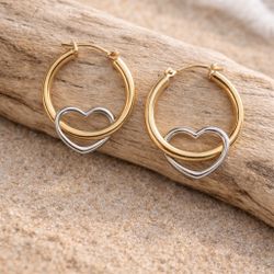 14K Gold Interlocked Heart Hoop Earrings Two-Tone Gold & White Gold Design 