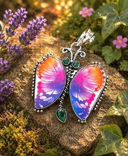 Fancy Dichroic Glass & Green Quartz Butterfly 2.3” Pendant