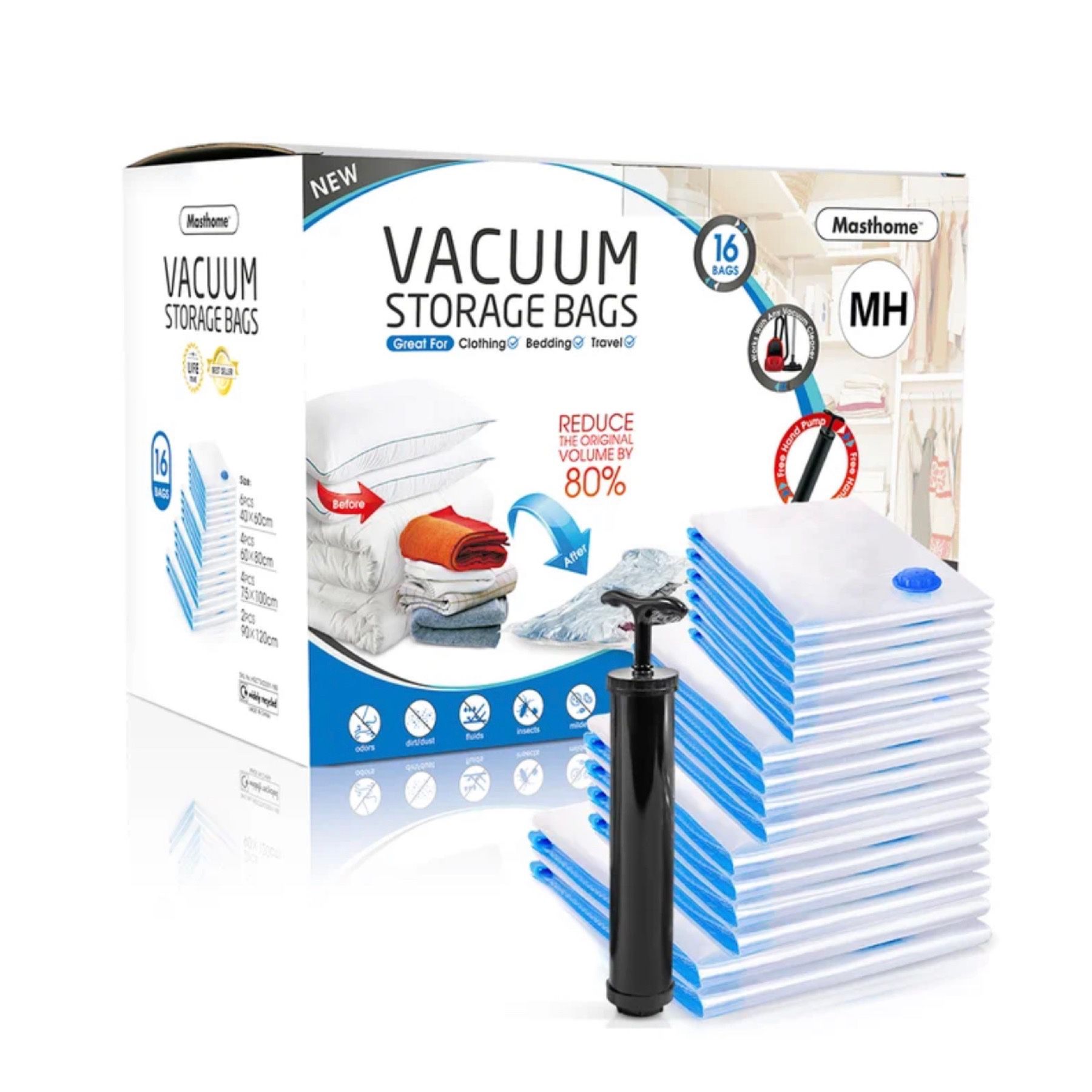 Vacuum Sealer Compression Storage Bag Organizer, Hand Pump Included (16pcs Pack)