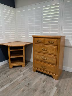 Oak Wood Dresser and Corner Shelf Set