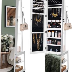 Jewelry Cabinet with Light strip, 66.5-inch mirror Jewelry Armoire Standing with Garment Rack,Movable Full-length Mirror with Wheels,Lockable Storage 