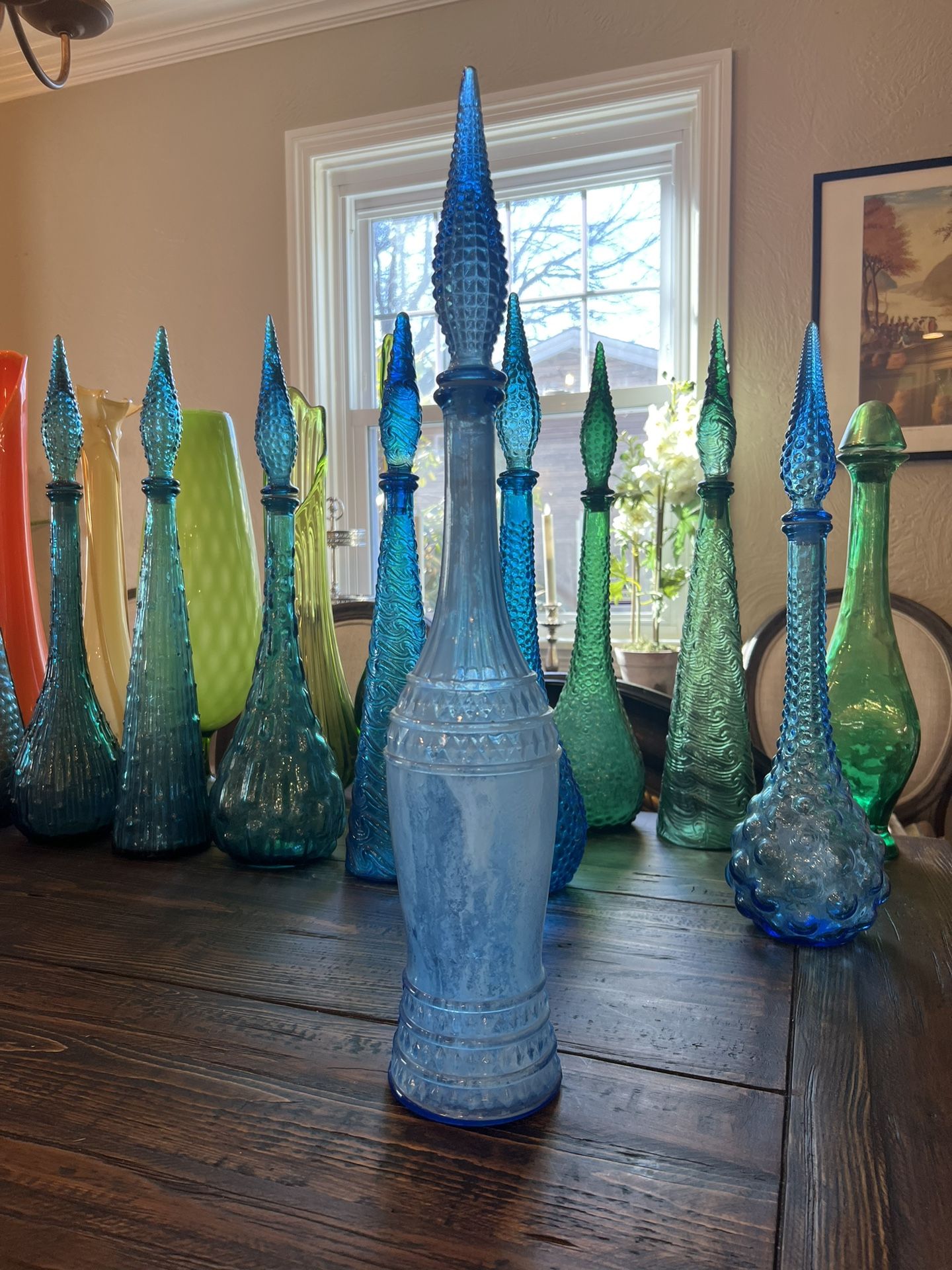 Very Rare Ice Blue Vintage MCM Empoli Glass Genie Bottle w/ Diamond Point Stopper 22 3/4".