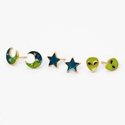 18KT GOLD PLATED SPACE ALIEN, STAR AND MOON STUD EARRINGS