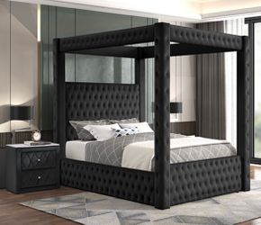 Black velvet canopy bed button tuft Box Spring Needed Queen $599 King $660