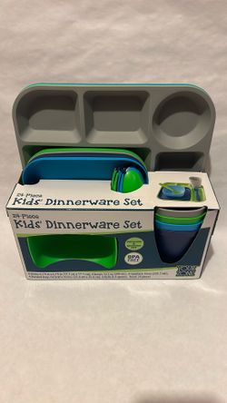 24 Piece Plastic Dinnerware Set for Kids with 4 each Trays, Bowls, Plates, Cups, Forks, Spoons in Bright Green, Teal, Gray, Navy