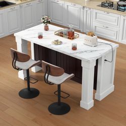 Nj-63" Large Imitation Marble Bar Table With Roman Column,Island Table With Charging Station,Mordern Dining Table,Home Bar Unit