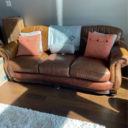 2 Brown Leather Couches And Chair