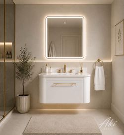 30" Bathroom Vanity with ceramic Sink, Floating , Engineered Stone Countertop , Wall Mounted, Gold Handle,  J-23