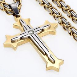 Uniquely Crafted Multi-layer 2-Tone Gold Silver Titanium Cross Pendant With 24"Byzantine Chain Necklace