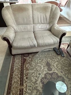 Beige Fabric Loveseat with Wood Arms