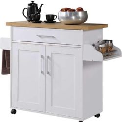 NEW IN BOX Kitchen Island with Spice Rack, Towel Rack & Drawer, White with Beech Top