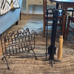 Wrought Iron Fireplace Tool Set And Firewood Holder