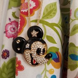 Black enamel ears "Mickey Mouse" head pendant necklace,  silver rhinestones