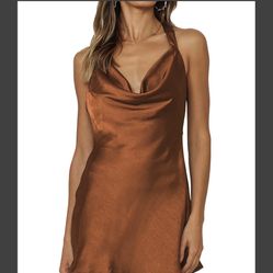 LYANER Women's Satin Silk Draped Cowl Neck Halter Self Tie Back Cocktail Bodycon Short Dresses X-Small Brown