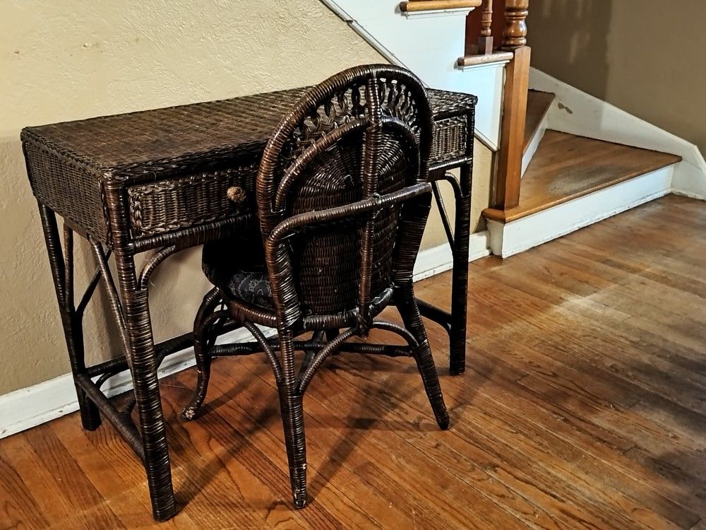 Vintage 2 Drawer Wicker Rattan Writing Desk/Vanity with Matching Chair with Cushion