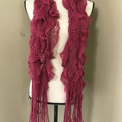 Dark Pink Fuchsia Ruffle Acrylic Crochet Knit NECK SCARF wrap shawl boho fringe