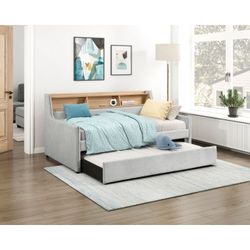 Brand new gray linen twin daybed with twin trundle with USB ports