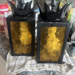 Midcentury Iron & Amber Glass Lantern Wall Sconce Lamps