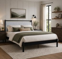 Queen Size Upholstered Platform Bed with Headboard, Black + Grey