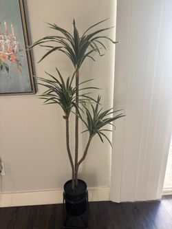 Artificial Tropical Tree with Black Planter & Stand – $10