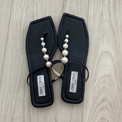 JIMMY CHOO Alaina pearl embellished leather sandals $575 38 flats shoes