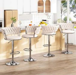Swivel Bar Stools Set of 4, Adjustable Counter Height Barstools with Back & Footrest, Kitchen Island Stools, Upholstered Velvet Bar Chairs, 22"-31", W