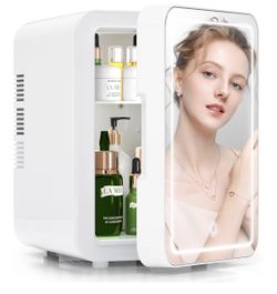 BOGDA Mini Skincare Fridge (4 Liter/6 Can) with Dimmable LED Light Mirror, Cooler and Warmer for Refrigerating Make Up, S