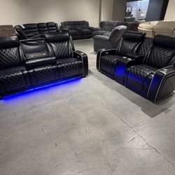 Black Sofa & Loveseat Power Recliners & LED Lights + Wireless Charging