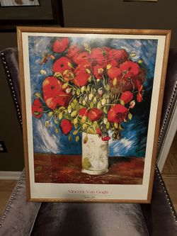 30”x23” wood framed Vincent VanGogh Poppies in a vase print p/u in Jamison, PA 