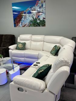 White Leather Reclining Sectional Sofa LED