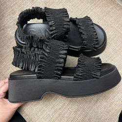 Ganni Smocked Platform Slingback Sandals Size 36
