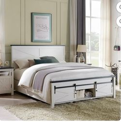 T4TREAM Farmhouse White Queen Size Platform Bed Frame with Headboard and 3 Barn Door Storage Cabinets, No Box Spring Needed, Mattress Not Included 93 