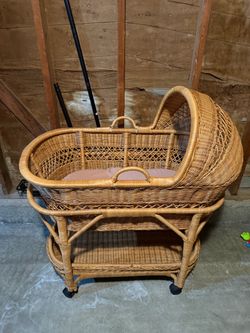 Wicker Rattan Baby Bassinet on Wheels