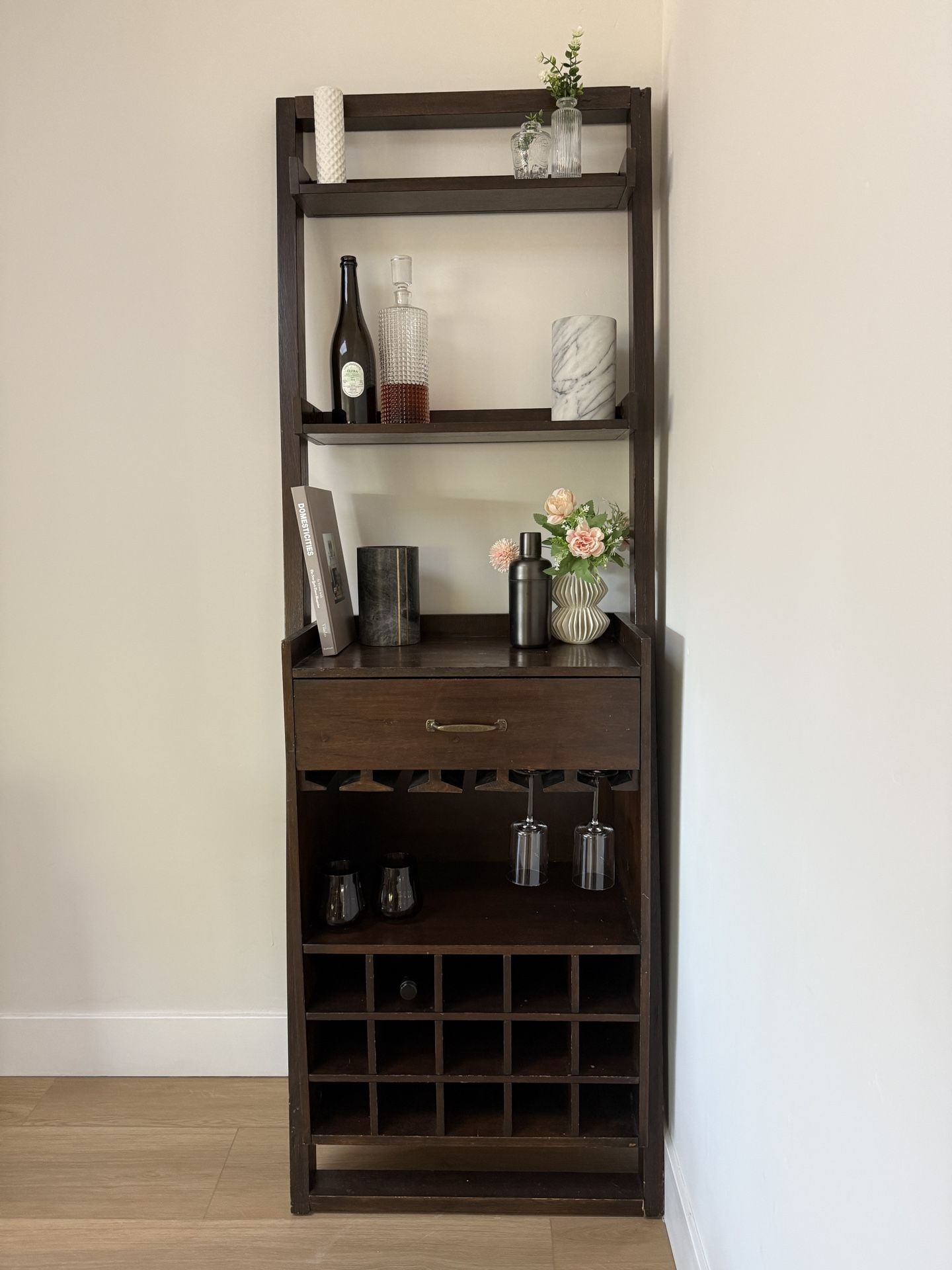 Wood Wine Rack for 15 Bottles + 20 Wine Glasses with 3 Shelves + 1 Drawer,
