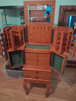 Large Wooden Jewelry Armoire with Mirror
