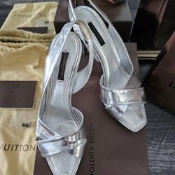 Shoes Louis Vuitton Womens Size 8 1/2 Medium Silver Liquid Metal Slingback Cross-toe Heels With Box Dustbag Shopping Bag And Heel Plug Replacements
