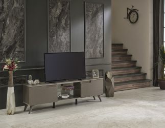 Modern Mid-Century TV Stand with 2 Cabinets & Open Storage – Beige Entertainment Center