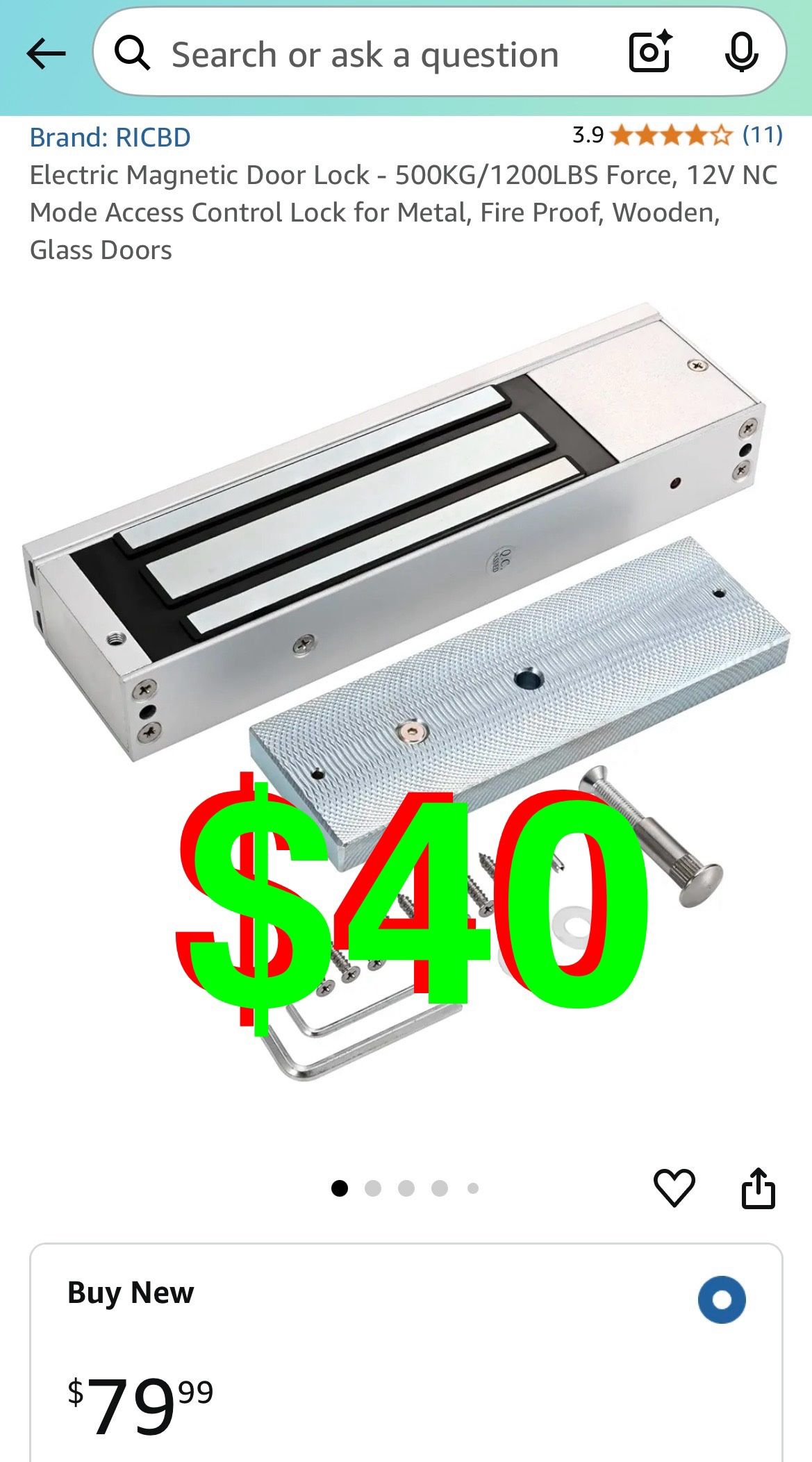 Electric Magnetic Door Lock - 500KG/1200LBS Force, 12V NC Mode Access Control Lock for Metal, Fire Proof, Wooden, Glass Doors