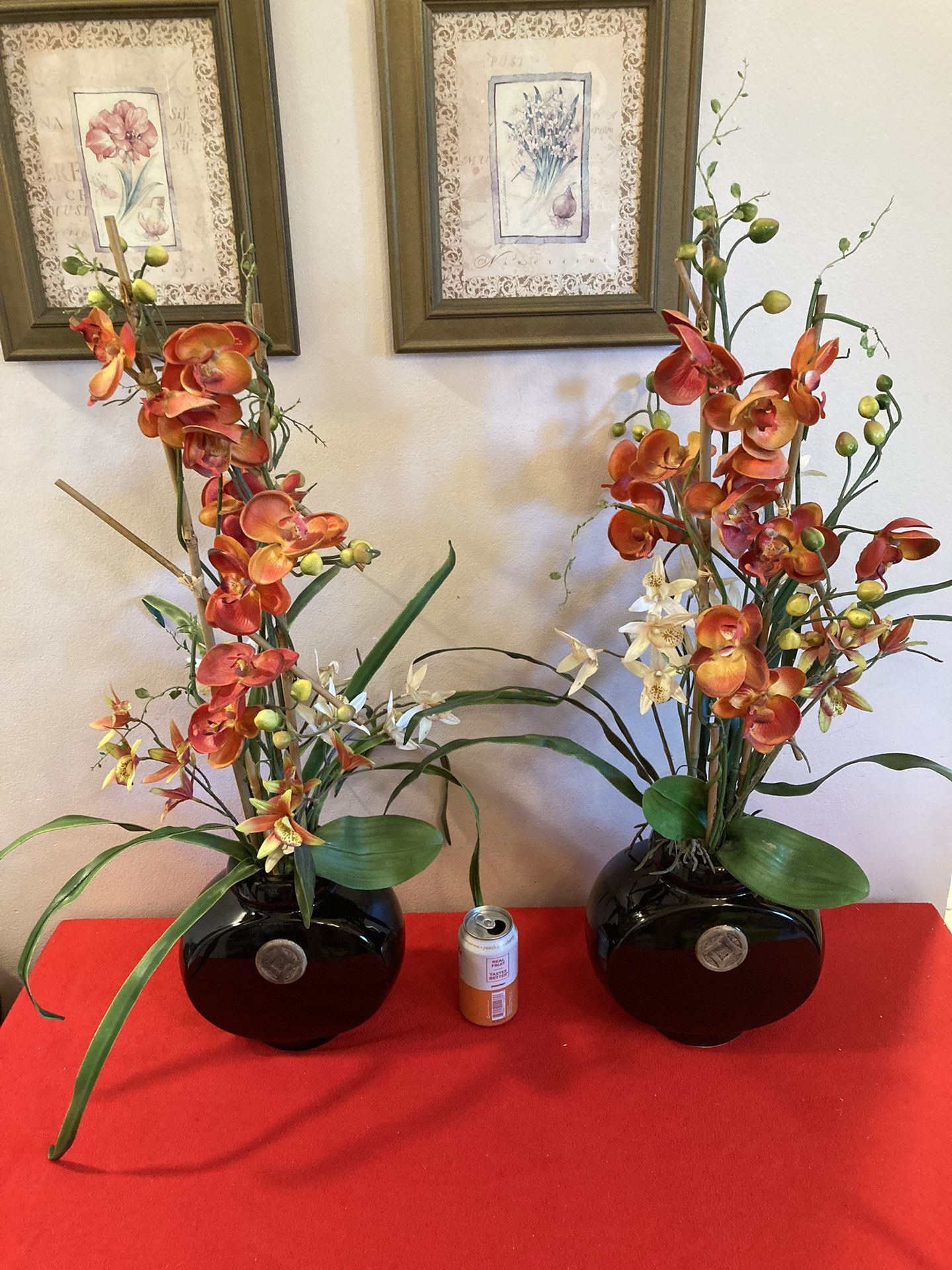 *$50 For PAIR Of Silk Orchids In Black Ceramic Vase 🔻DETAILS BELOW 🔻Orange Yellow White Flowers