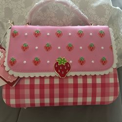 Loungefly Strawberry Shorteake Denim Gingham Crossbody Bag