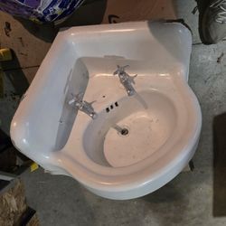 Antique Cast Iron Coner Sink And Wood Medicine Cabinet 