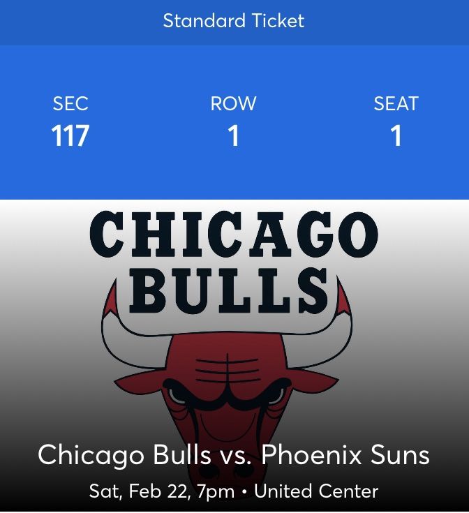 2 Chicago Bulls Vs Phoenix Sun tickets for this Saturday 2/22/2020