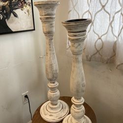 2 Shabby Chic Off1 White Candle Pillars 