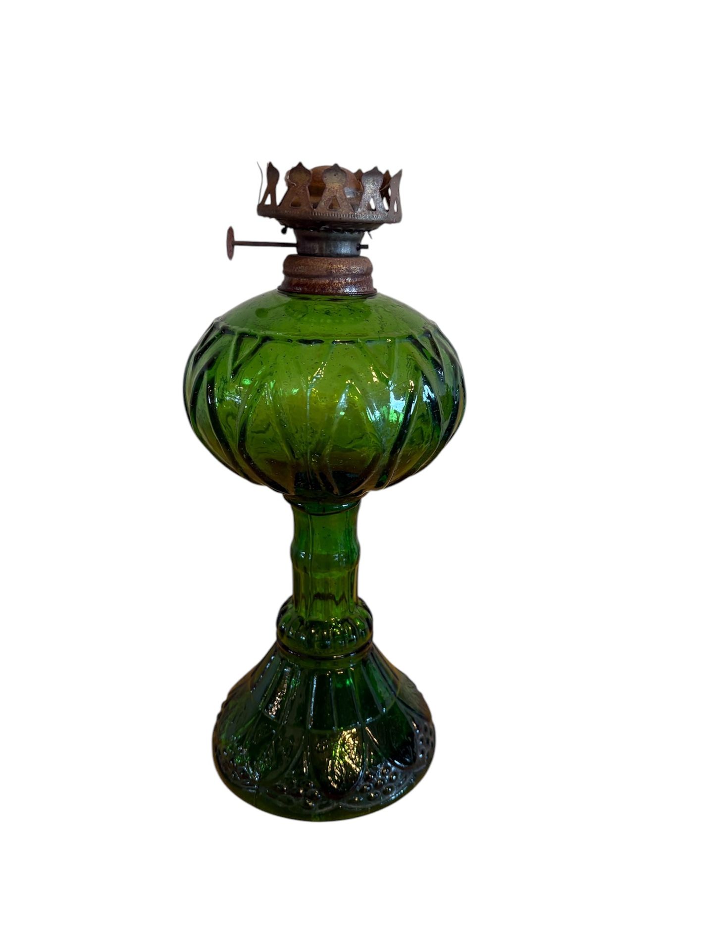 VINTAGE Antique Green Glass Kerosene Oil Lamp on Pedestal Base 11” x 5”