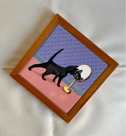 Vintage Wood Framed Ceramic Tile Black Cat Whimsical Wall Art