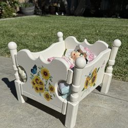 14” L Sunflower And Butterflies White Wood Doll Bed / Xs Small Dog Pet Bed - Toy