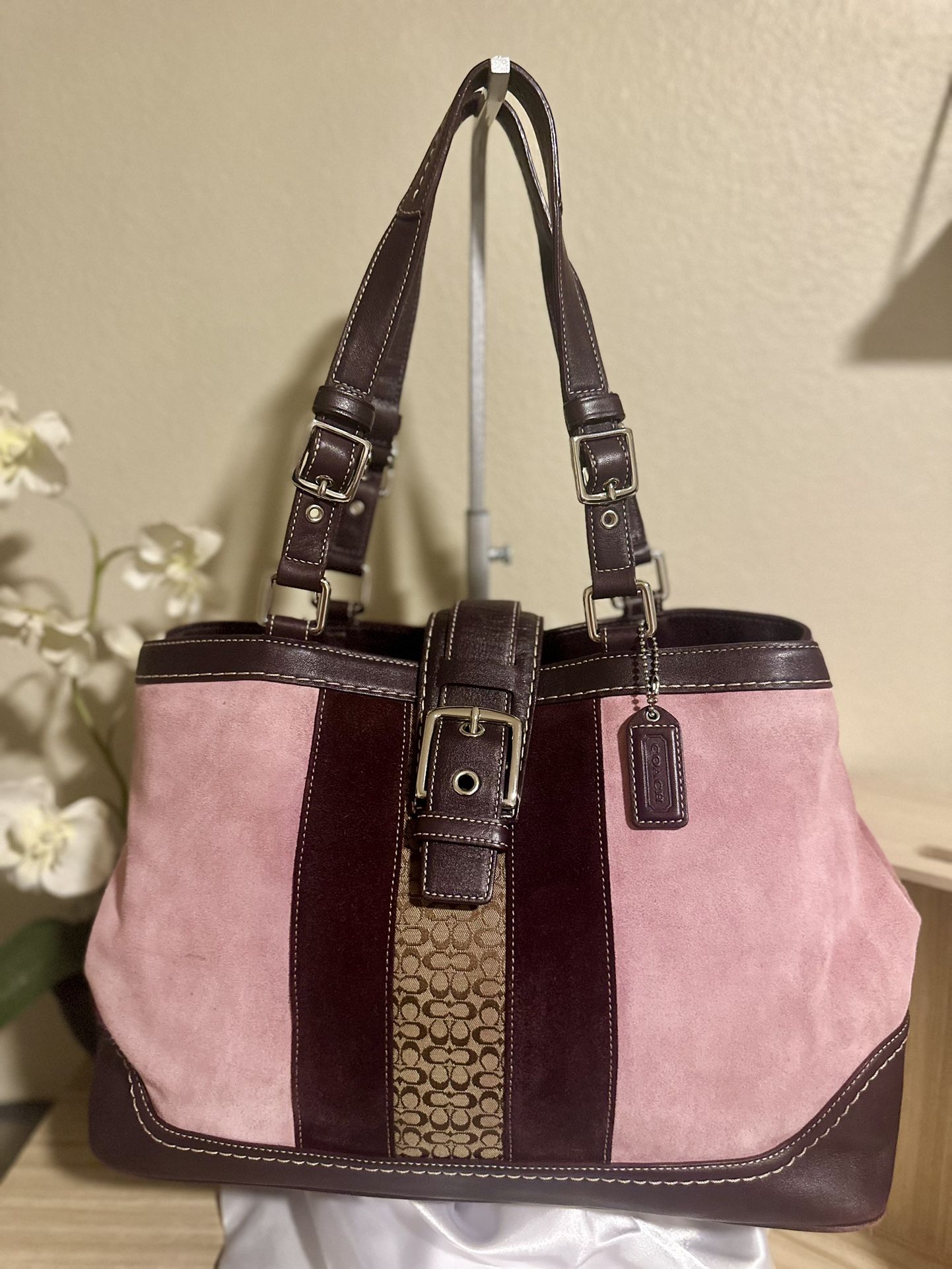 Coach Signature Demi Stripe Shoulder Bag Pink Suede Vintage